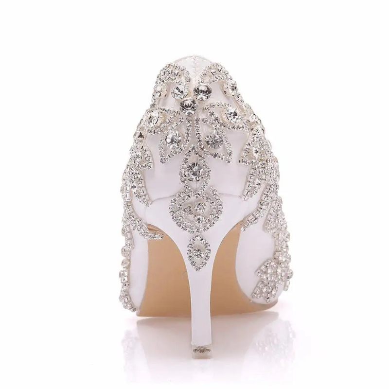 Damesko Højhælede Bryllup Tynd 7cm Hvid Diamant Glitrende Aftenkjole Bride Pumps - Hvid