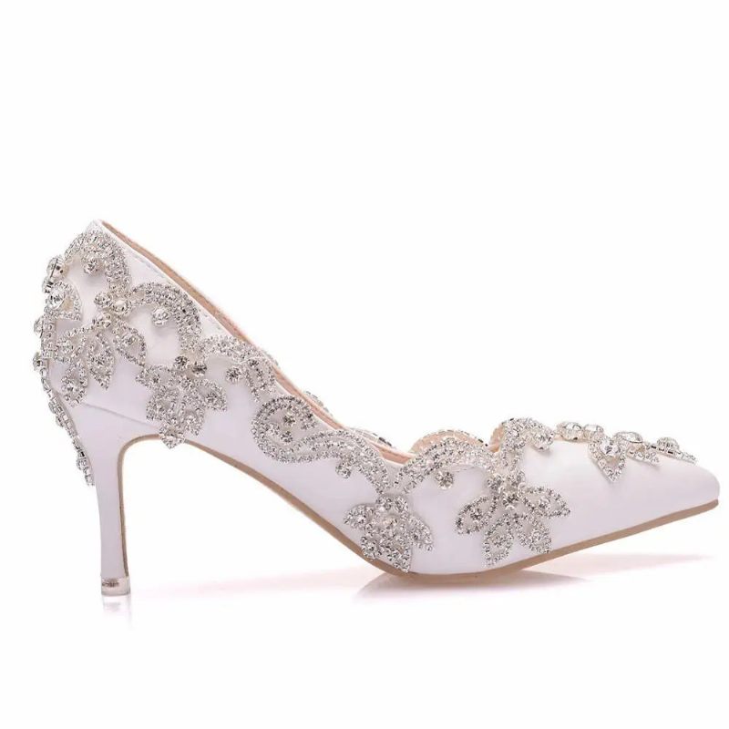 Damesko Højhælede Bryllup Tynd 7cm Hvid Diamant Glitrende Aftenkjole Bride Pumps - Hvid