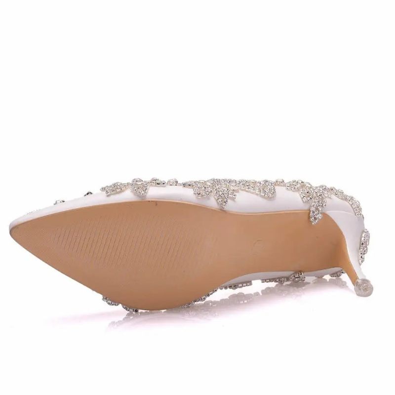 Damesko Højhælede Bryllup Tynd 7cm Hvid Diamant Glitrende Aftenkjole Bride Pumps - Hvid
