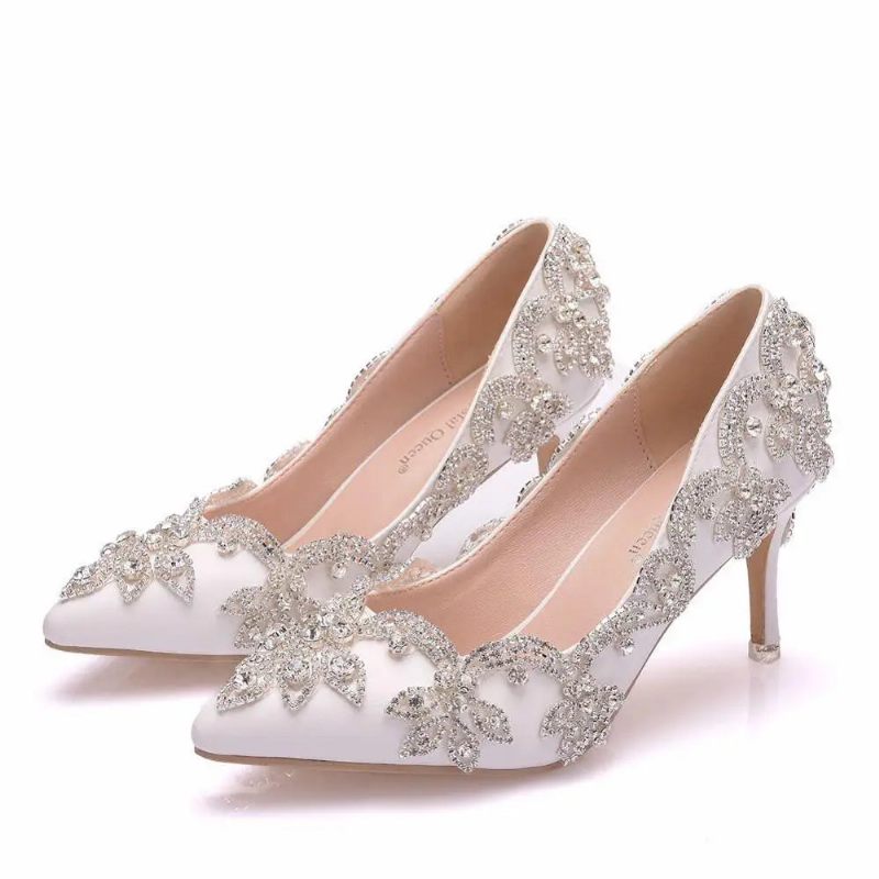Damesko Højhælede Bryllup Tynd 7cm Hvid Diamant Glitrende Aftenkjole Bride Pumps - Hvid