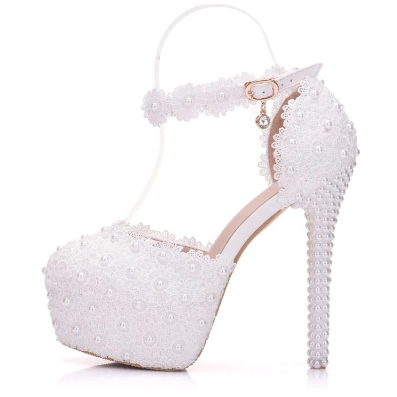 Krystal Queen Hvid Blonde Blomst Brude 14cm Høje Hæle Runde Tå Bryllups Pumps Ankelstropper Dame Sandaler Brudepige Sko - Hvid