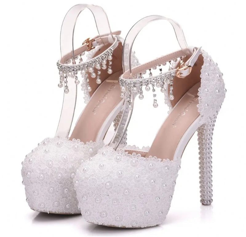 Krystal Queen Hvid Blonde Blomst Brude 14cm Høje Hæle Runde Tå Bryllups Pumps Ankelstropper Dame Sandaler Brudepige Sko - Hvid