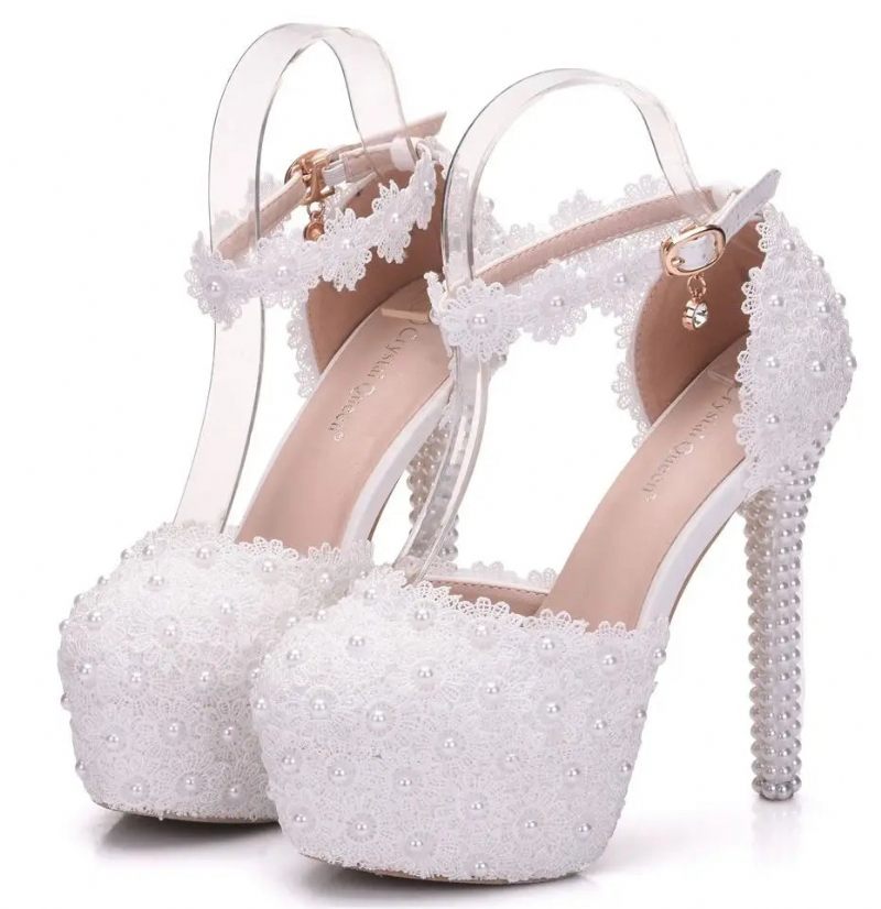 Krystal Queen Hvid Blonde Blomst Brude 14cm Høje Hæle Runde Tå Bryllups Pumps Ankelstropper Dame Sandaler Brudepige Sko - Hvid