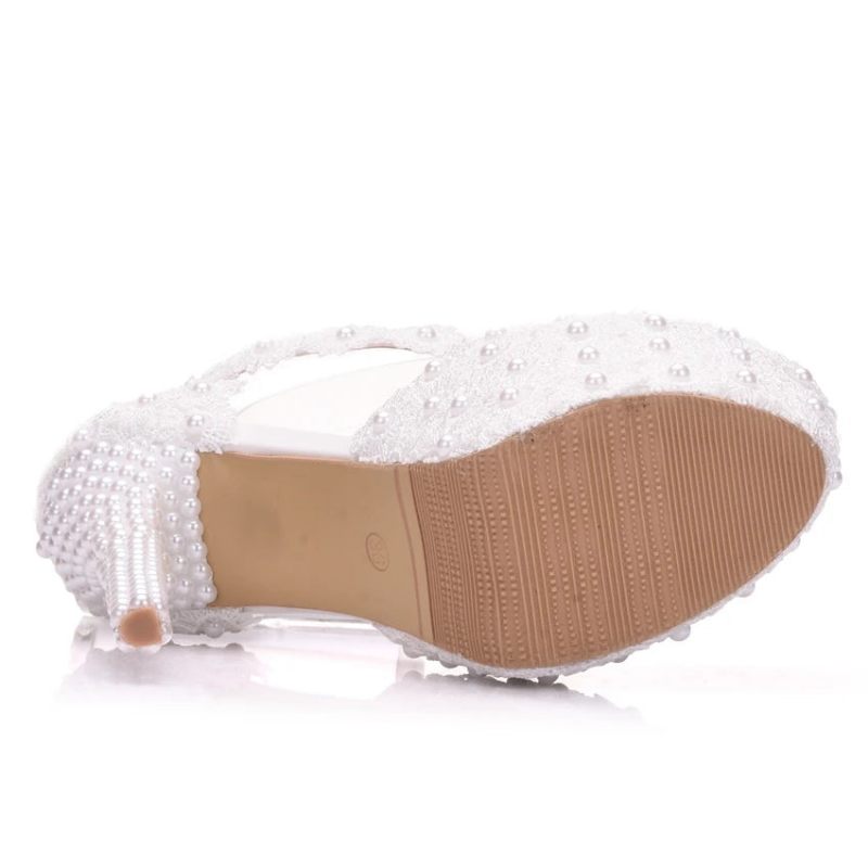 Krystal Queen Hvid Blonde Blomst Brude 14cm Høje Hæle Runde Tå Bryllups Pumps Ankelstropper Dame Sandaler Brudepige Sko - Hvid