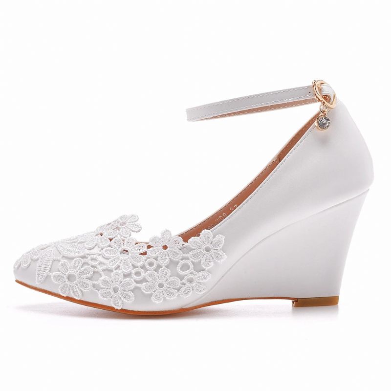 Kvinder Bryllupssko Brud Brudepigekjole 8cm Kiler Høje Hæle Hvid Blonde Blomst Kvinde Pumps - Hvid