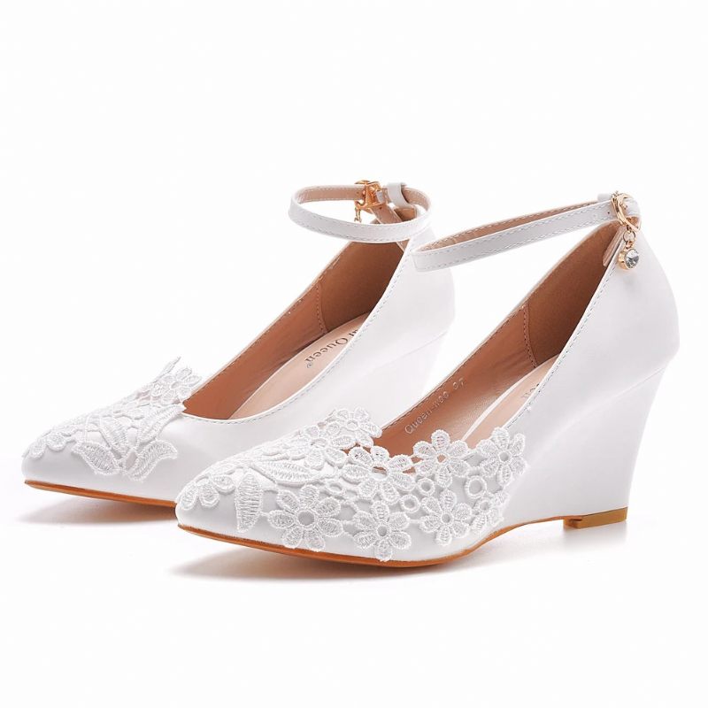 Kvinder Bryllupssko Brud Brudepigekjole 8cm Kiler Høje Hæle Hvid Blonde Blomst Kvinde Pumps - Hvid