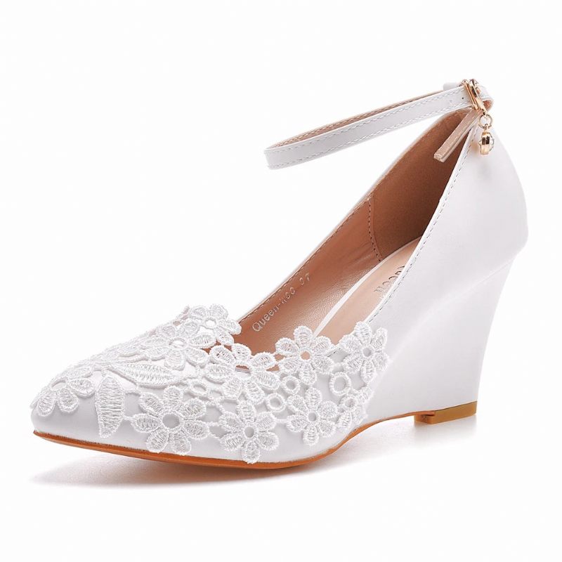 Kvinder Bryllupssko Brud Brudepigekjole 8cm Kiler Høje Hæle Hvid Blonde Blomst Kvinde Pumps - Hvid