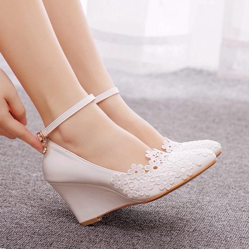 Kvinder Bryllupssko Brud Brudepigekjole 8cm Kiler Høje Hæle Hvid Blonde Blomst Kvinde Pumps - Hvid