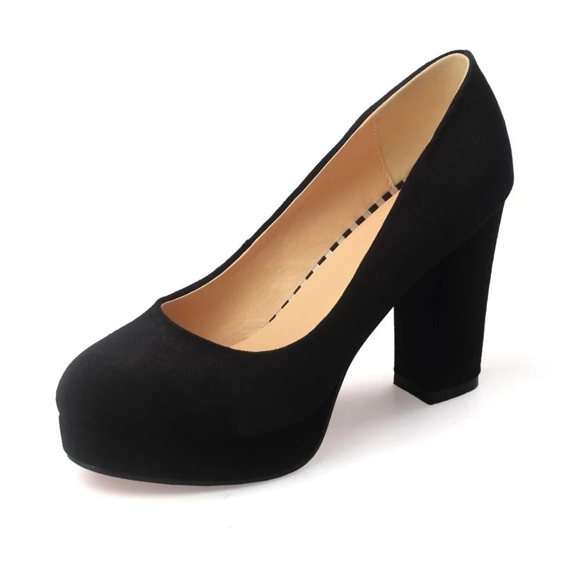 Kvinder Platform Pumps Blue Flock Rund Tå Tykke Høje Hæle Kvinde Arbejde Lave Sko Dame Fodtøj - Beige
