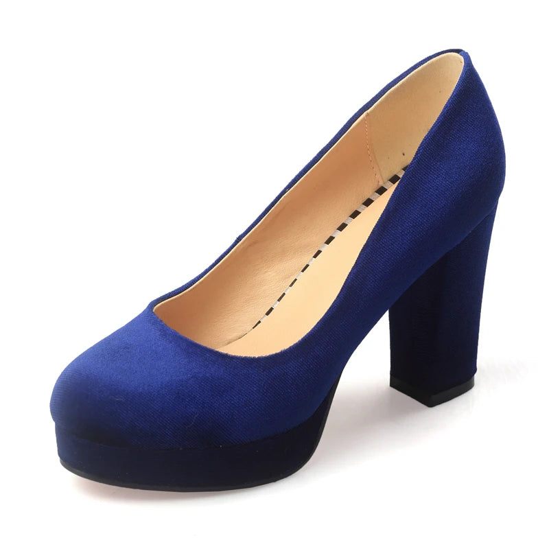 Kvinder Platform Pumps Blue Flock Rund Tå Tykke Høje Hæle Kvinde Arbejde Lave Sko Dame Fodtøj - Beige