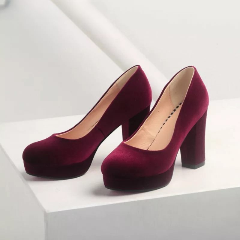 Kvinder Platform Pumps Blue Flock Rund Tå Tykke Høje Hæle Kvinde Arbejde Lave Sko Dame Fodtøj - Beige