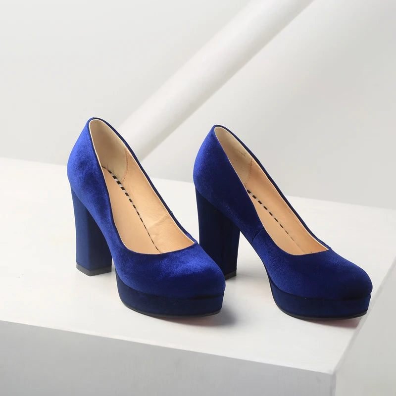 Kvinder Platform Pumps Blue Flock Rund Tå Tykke Høje Hæle Kvinde Arbejde Lave Sko Dame Fodtøj - Beige