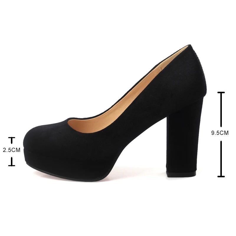 Kvinder Platform Pumps Blue Flock Rund Tå Tykke Høje Hæle Kvinde Arbejde Lave Sko Dame Fodtøj - Beige