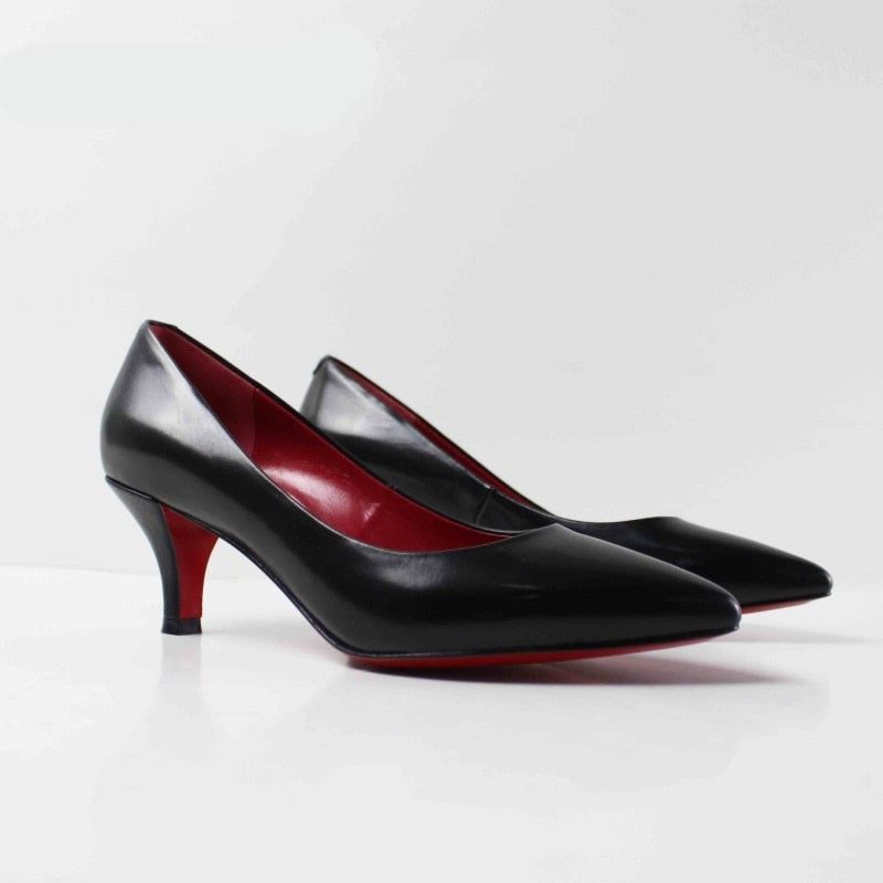 Kvinder Sommer Pumps Sort Højhælet Dame Business Sko Ægte Læder Spidstå Håndlavet - Sort 5 Cm