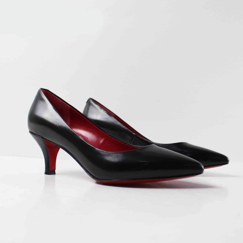 Kvinder Sommer Pumps Sort Højhælet Dame Business Sko Ægte Læder Spidstå Håndlavet - Sort 5 Cm