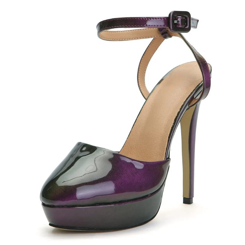 Sommer Intrigue Lilla Laklæder Sandaler Kvinde Tåspids Ankelstrop Høje Hæle Sko Pumps - Lilla