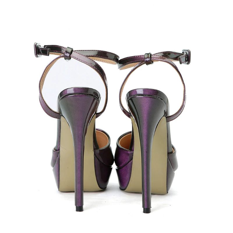Sommer Intrigue Lilla Laklæder Sandaler Kvinde Tåspids Ankelstrop Høje Hæle Sko Pumps - Lilla