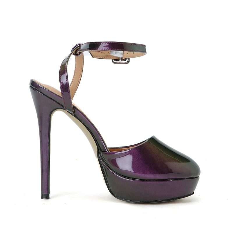 Sommer Intrigue Lilla Laklæder Sandaler Kvinde Tåspids Ankelstrop Høje Hæle Sko Pumps - Lilla