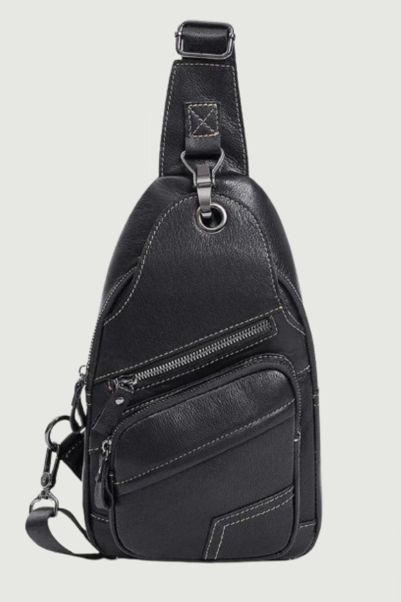 Ægte Læder Herre Skuldertaske Brysttaske Vintage Casual Sling Tasker Til Mænd Mand Bryst Pack Med Med Øretelefon Hul