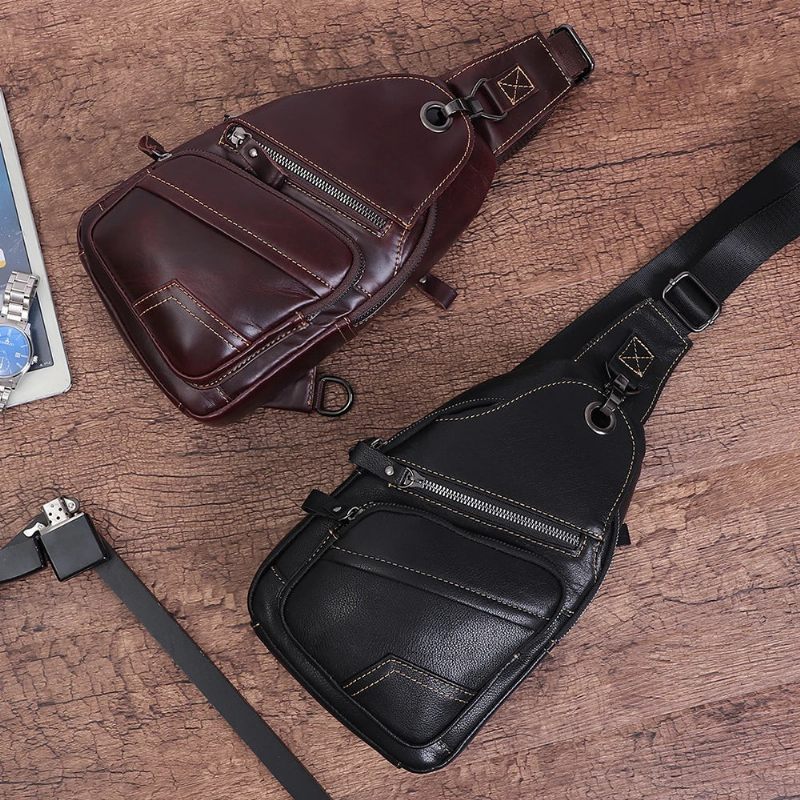 Ægte Læder Herre Skuldertaske Brysttaske Vintage Casual Sling Tasker Til Mænd Mand Bryst Pack Med Med Øretelefon Hul - Sort