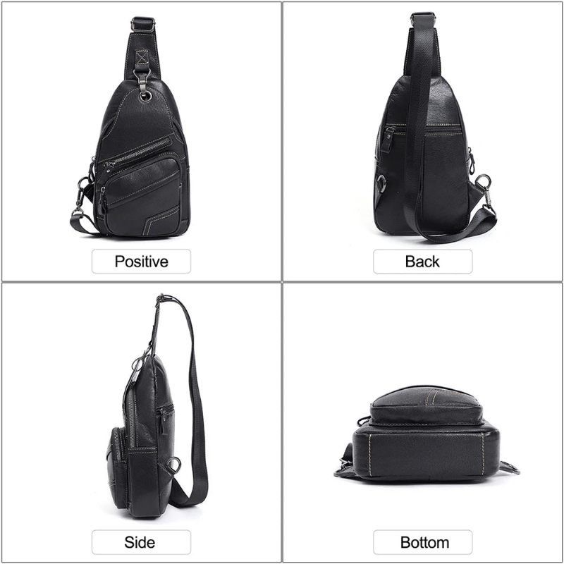 Ægte Læder Herre Skuldertaske Brysttaske Vintage Casual Sling Tasker Til Mænd Mand Bryst Pack Med Med Øretelefon Hul - Sort