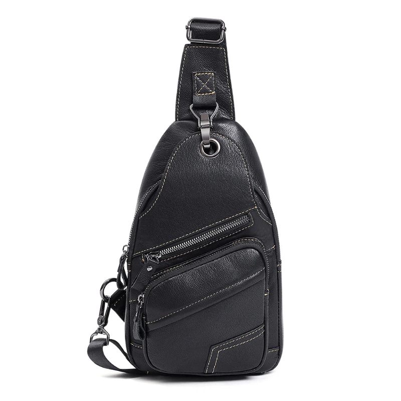 Ægte Læder Herre Skuldertaske Brysttaske Vintage Casual Sling Tasker Til Mænd Mand Bryst Pack Med Med Øretelefon Hul - Sort