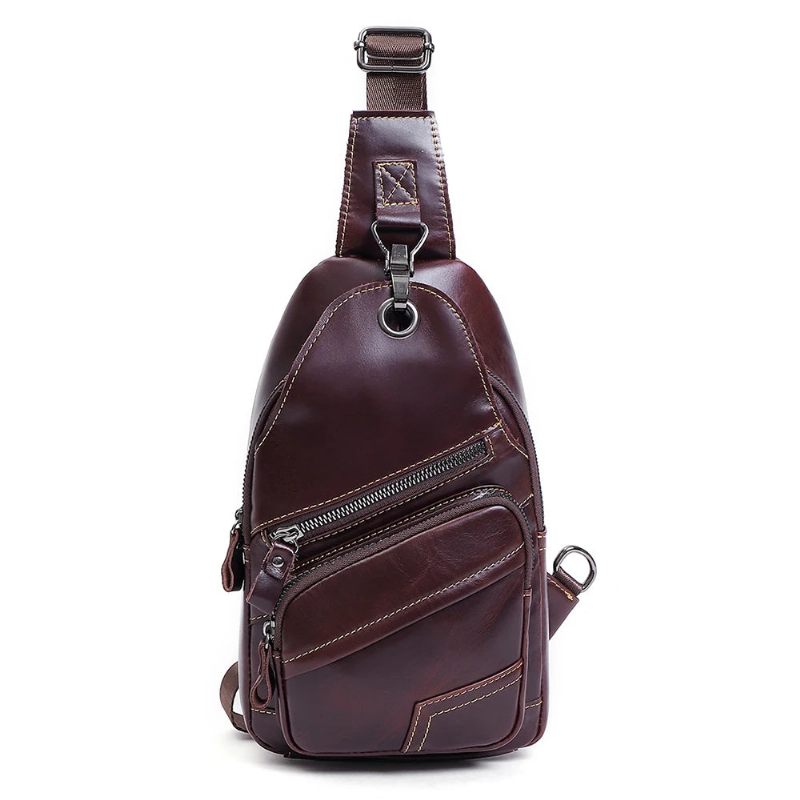 Ægte Læder Herre Skuldertaske Brysttaske Vintage Casual Sling Tasker Til Mænd Mand Bryst Pack Med Med Øretelefon Hul - Sort