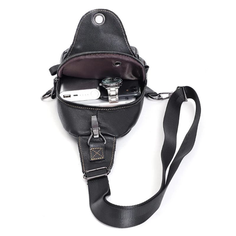 Ægte Læder Herre Skuldertaske Brysttaske Vintage Casual Sling Tasker Til Mænd Mand Bryst Pack Med Med Øretelefon Hul - Sort