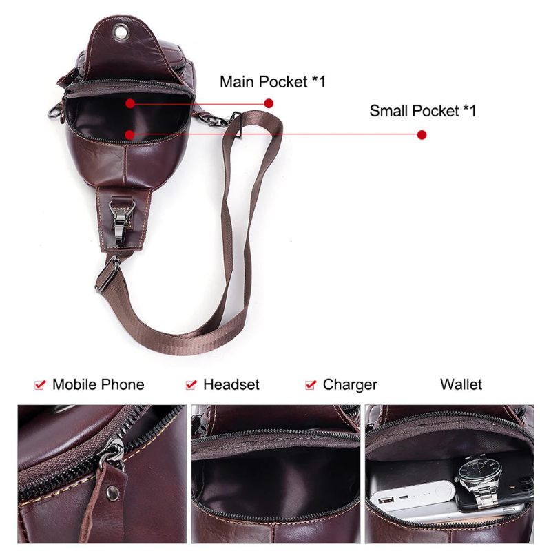 Ægte Læder Herre Skuldertaske Brysttaske Vintage Casual Sling Tasker Til Mænd Mand Bryst Pack Med Med Øretelefon Hul - Sort