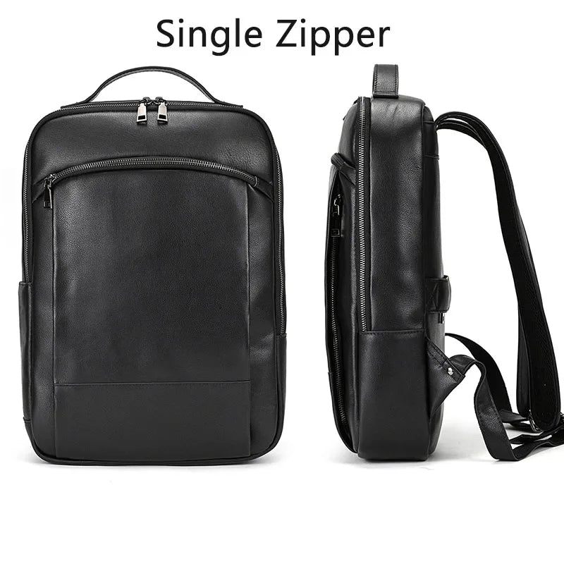 Læder Mænds Rygsæk Fit 15.6 Tommer Laptop Big Daypack Rejserygsæk - Enkelt Lynlås-Sort