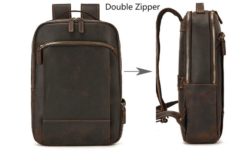Læder Mænds Rygsæk Fit 15.6 Tommer Laptop Big Daypack Rejserygsæk - Enkelt Lynlås-Sort