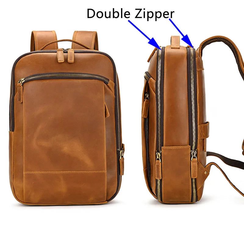 Læder Mænds Rygsæk Fit 15.6 Tommer Laptop Big Daypack Rejserygsæk - Enkelt Lynlås-Sort