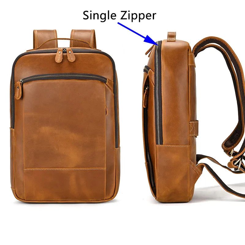 Læder Mænds Rygsæk Fit 15.6 Tommer Laptop Big Daypack Rejserygsæk - Enkelt Lynlås-Sort