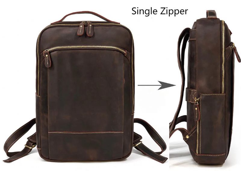 Læder Mænds Rygsæk Fit 15.6 Tommer Laptop Big Daypack Rejserygsæk - Enkelt Lynlås-Sort