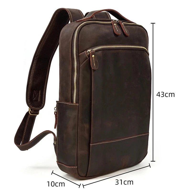 Læder Mænds Rygsæk Fit 15.6 Tommer Laptop Big Daypack Rejserygsæk - Enkelt Lynlås-Sort