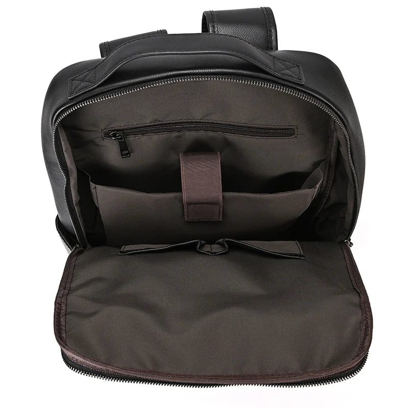 Læder Mænds Rygsæk Fit 15.6 Tommer Laptop Big Daypack Rejserygsæk - Enkelt Lynlås-Sort