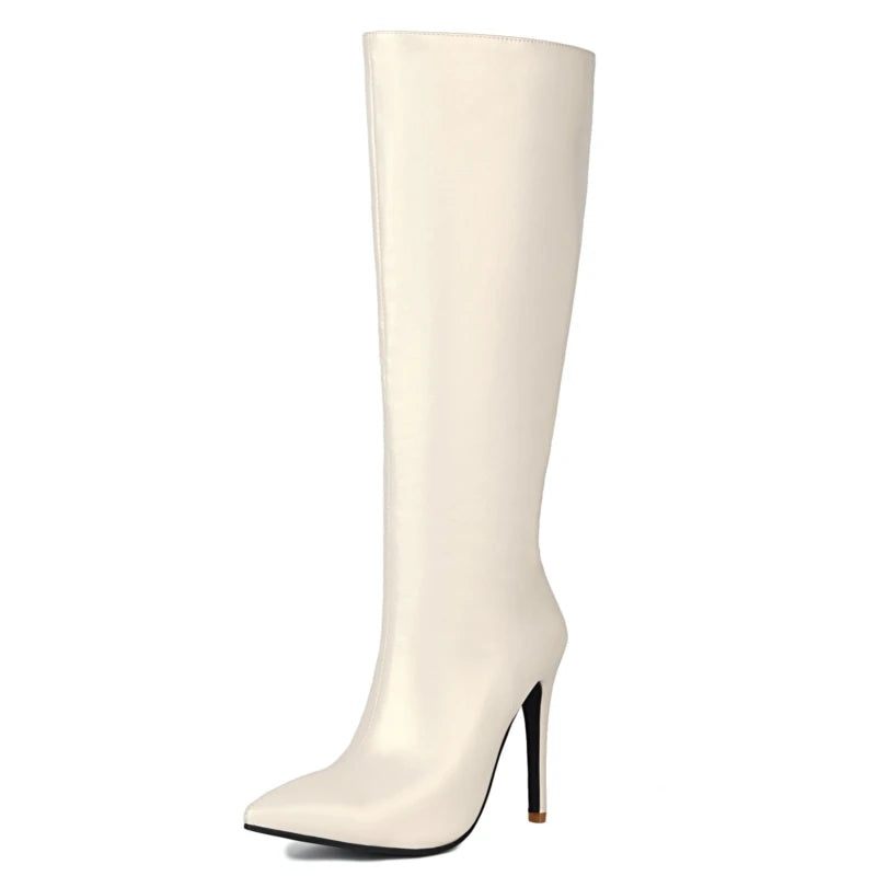 Elegante Knæhøje Støvler Damer Patent Vinter Efterår Point Høj Støvle Kvinde Hæle Lange Festsko - Beige