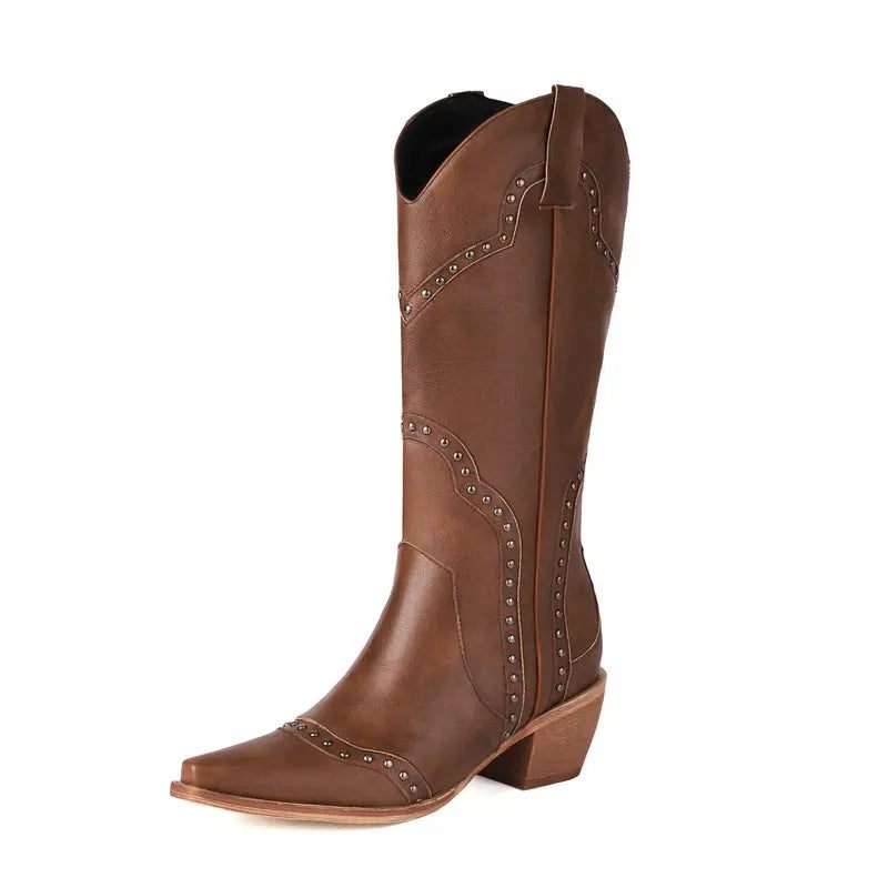 Nitte Kvinder Western Støvler Efterår Læder Kiler Knæhøje Vinter Cowboy Pigestøvler - Beige