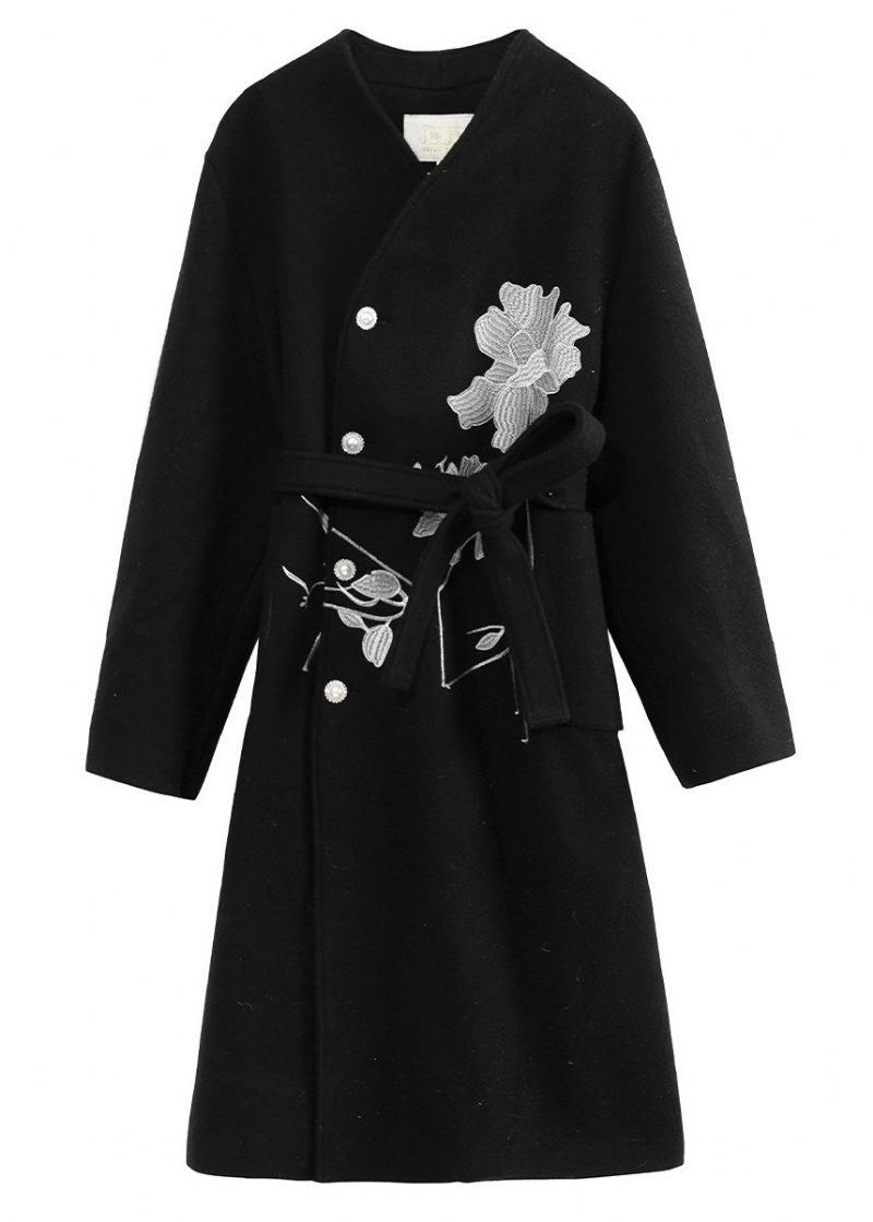 Afslappet Sort Standkrave Broderet Bindebånd Taljeknap Tyk Ulden Lang Trenchcoat Vinter - Dame trenchcoats