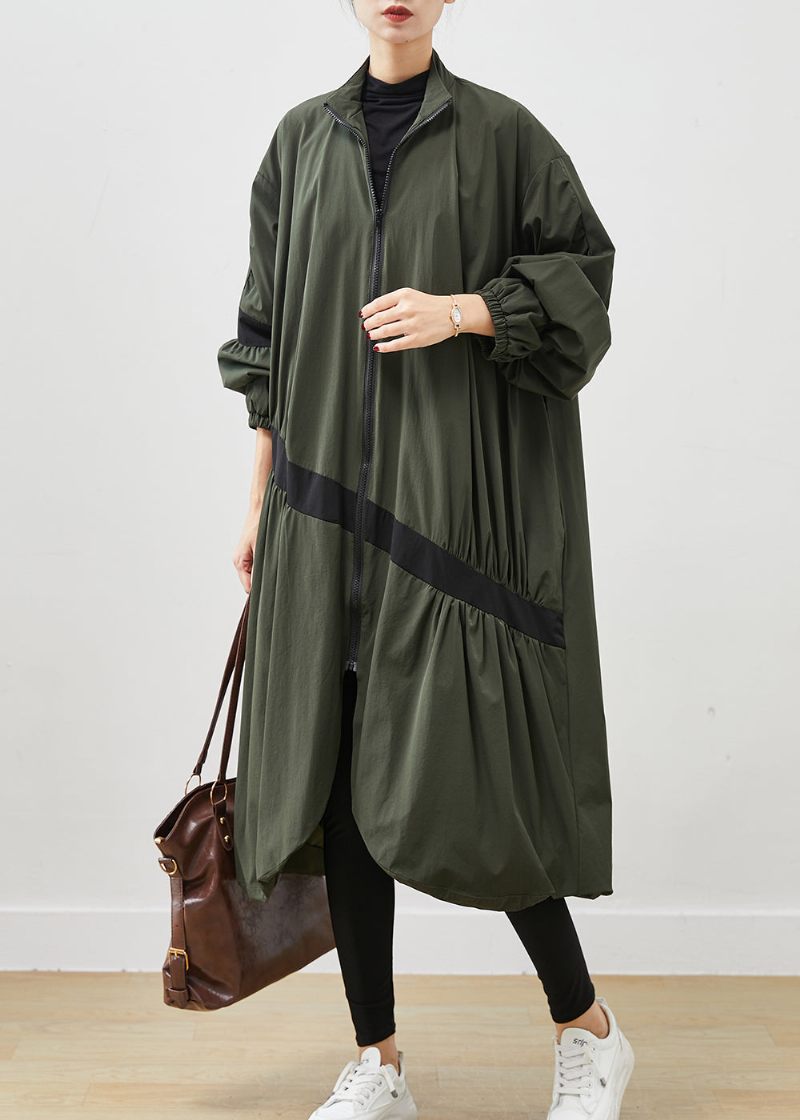 Army Green Patchwork Trench Asymmetrisk Rynket Fjeder - Dame trenchcoats
