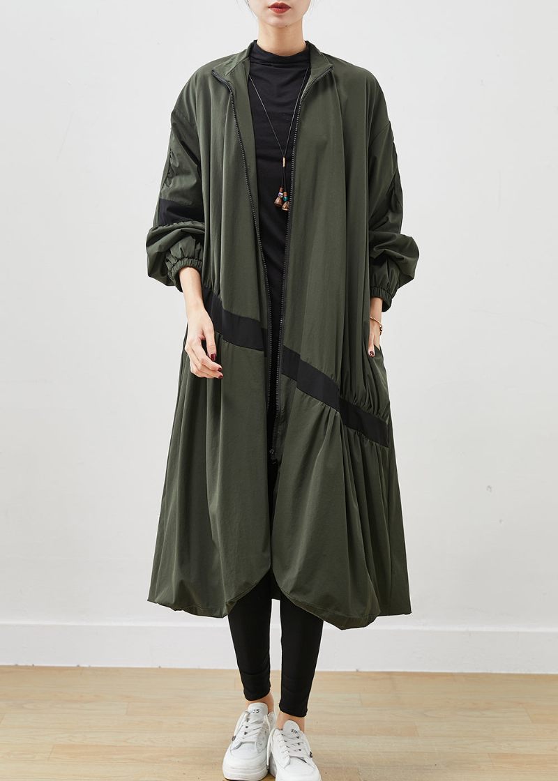 Army Green Patchwork Trench Asymmetrisk Rynket Fjeder - Dame trenchcoats