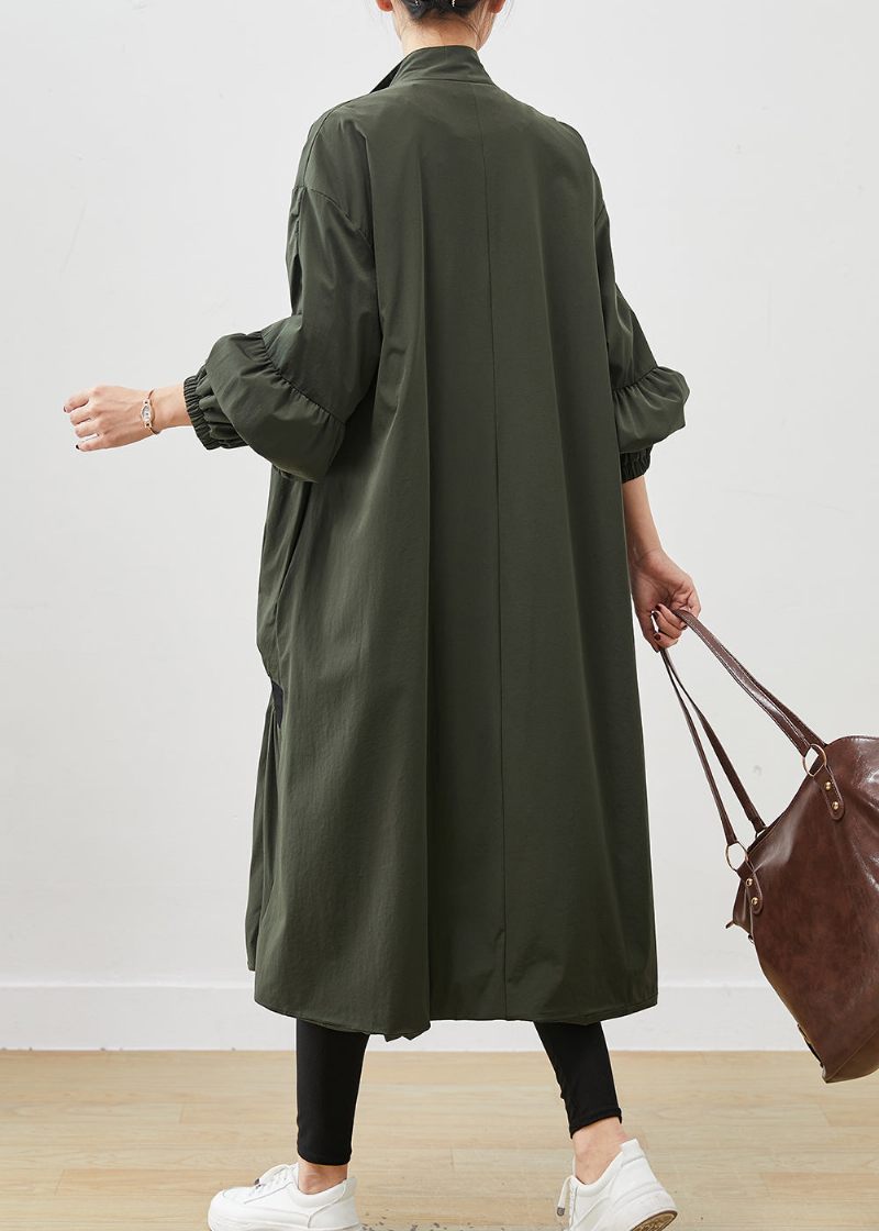 Army Green Patchwork Trench Asymmetrisk Rynket Fjeder - Dame trenchcoats