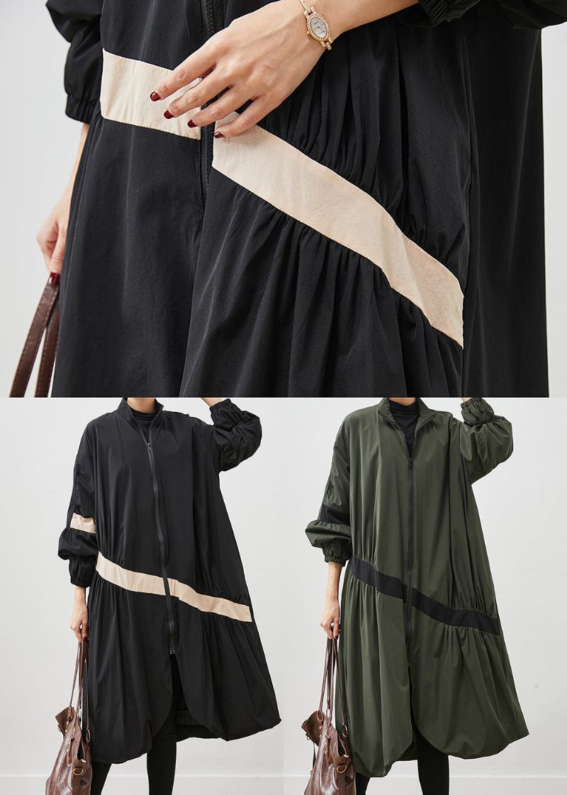 Army Green Patchwork Trench Asymmetrisk Rynket Fjeder - Dame trenchcoats