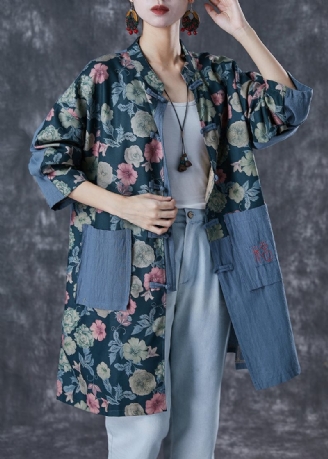 Bohemian Broderet Patchwork Print Linen Coat Outwear Efterår