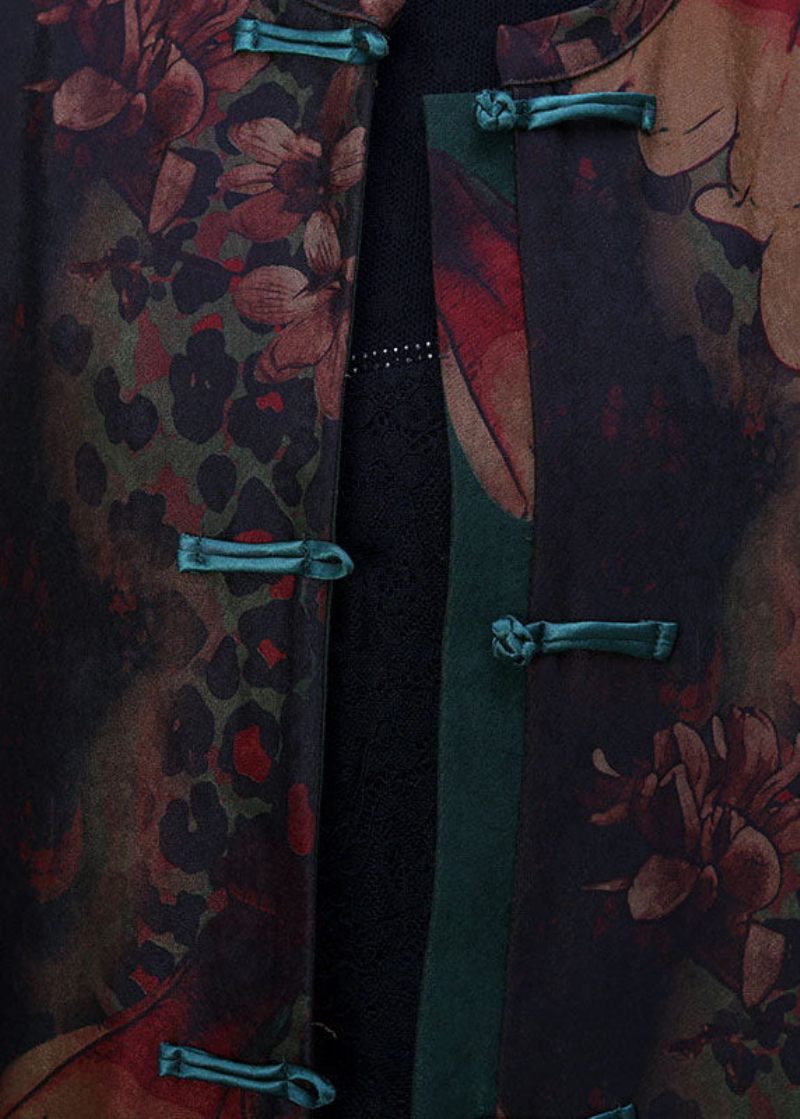 Bohemian Green Print Patchwork Side Åben Orientalsk Knap Bomuld Trench Coat Langærmet - Dame trenchcoats