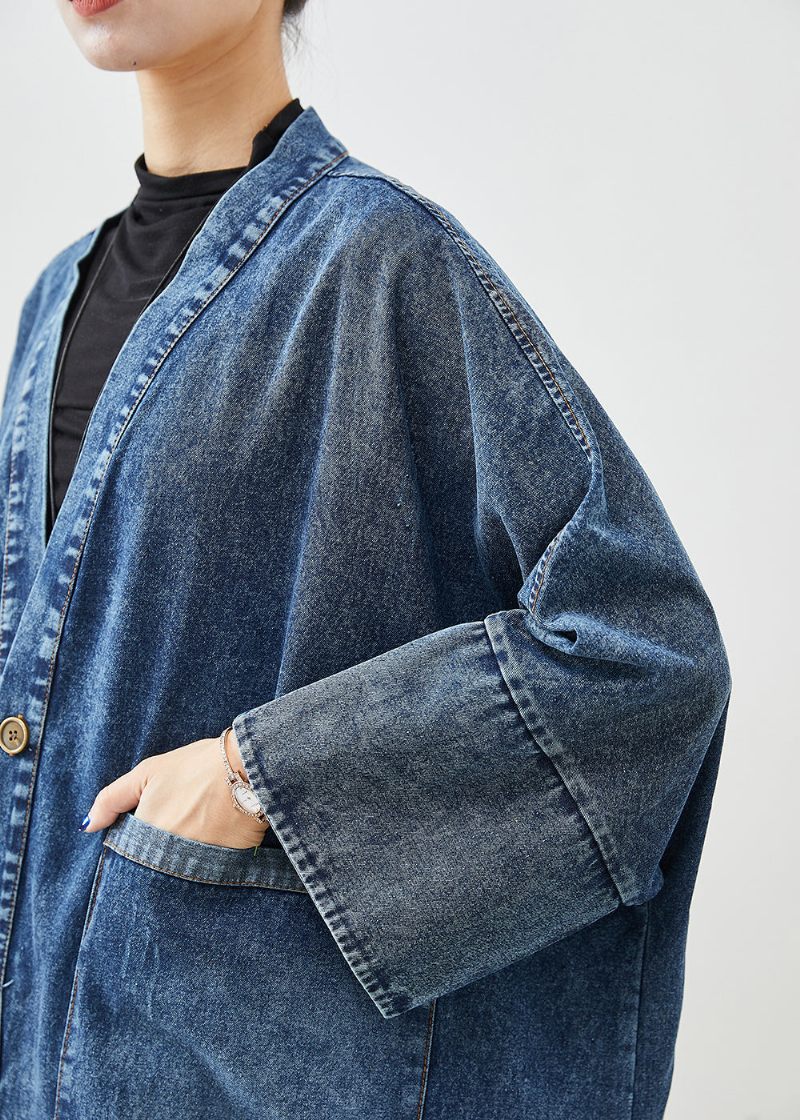 Boho Blue Oversized Lommer Denim Trench Coats Batwing Sleeve - Dame trenchcoats