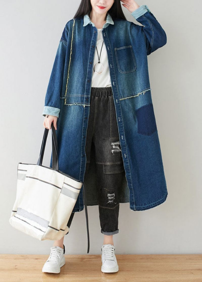 Boho Denim Blå Peter Pan Krave Patchwork Oversized Bomuld Trench Spring - Dame trenchcoats