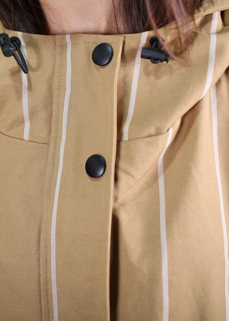 Boutique Kvinder Casual Frakker Falder Kaki Stribet Hætte Med Lynlås Overfrakke - Dame trenchcoats