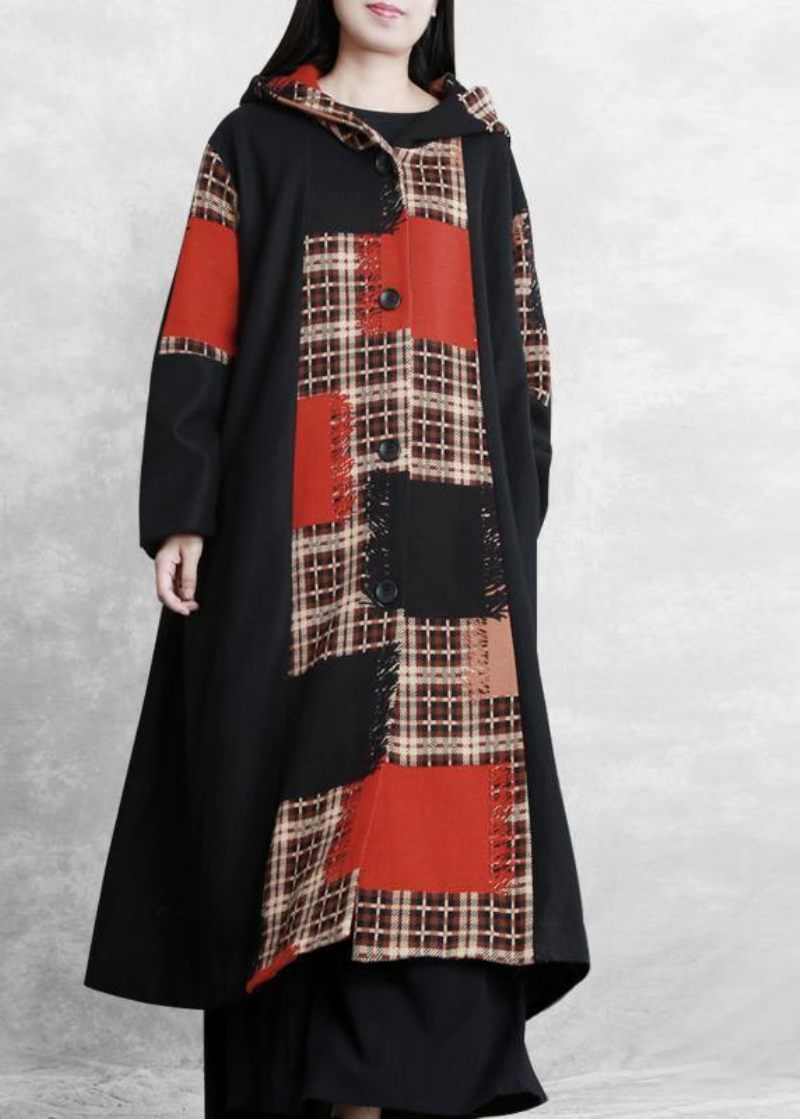 Boutique Oversized Lange Jakker Frakke Sort Plaid Hætte Patchwork Ulden Overfrakke - Dame trenchcoats