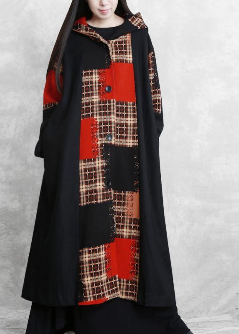 Boutique Oversized Lange Jakker Frakke Sort Plaid Hætte Patchwork Ulden Overfrakke - Dame trenchcoats